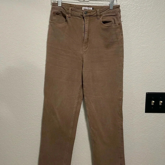 Motel Denim High Rise Tan Brown Straight Leg with Split Hem Size Xl - Picture 3 of 6